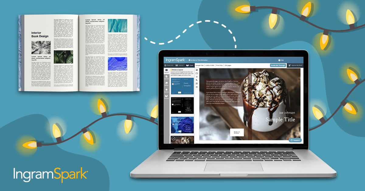A beautifully designed book next to a laptop showing design templates.